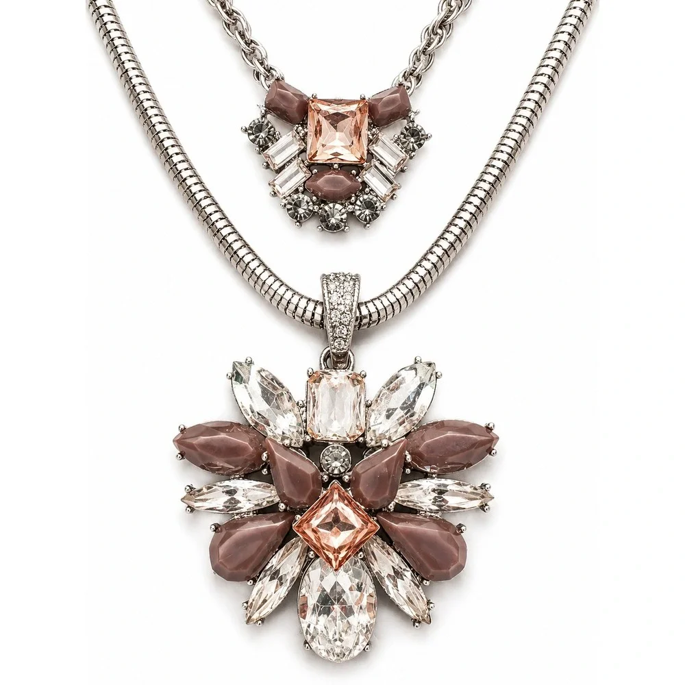 Vintage Silver Tone Triple Chain Rhinestone Floral Layered Statement Necklace